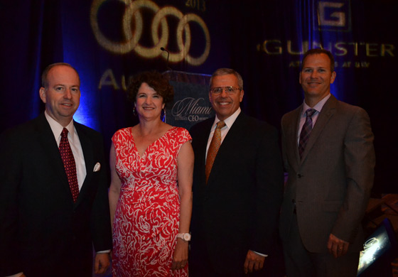 Event sponsors, L to R: George LeMieux; Conchita Ruiz-Topinka of AvMed; Al Dosal of Compuquip and chair of the Greater Miami Chamber of Commerce; Ryan Martin of Audi South Florida.