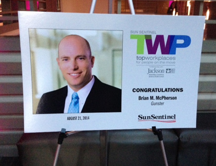 Gunster's Brian McPherson honored at the 2014 Sun Sentinel Top Workplaces for People on the Move Awards